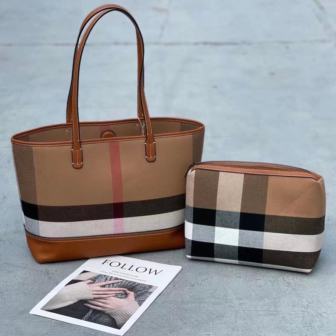 【It's Tote】【2 in 1】Cowhide Leather Tote with Cosmatic Bag-,buy 1 get 1 pony and 1 headband