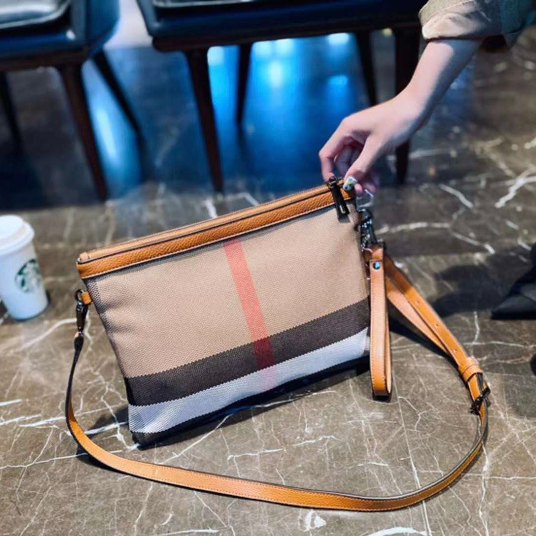 【Portfolio Bag】Checkered Leather Pouch Crossbody Bag-buy 1 get 1 pony and 1 coins purse