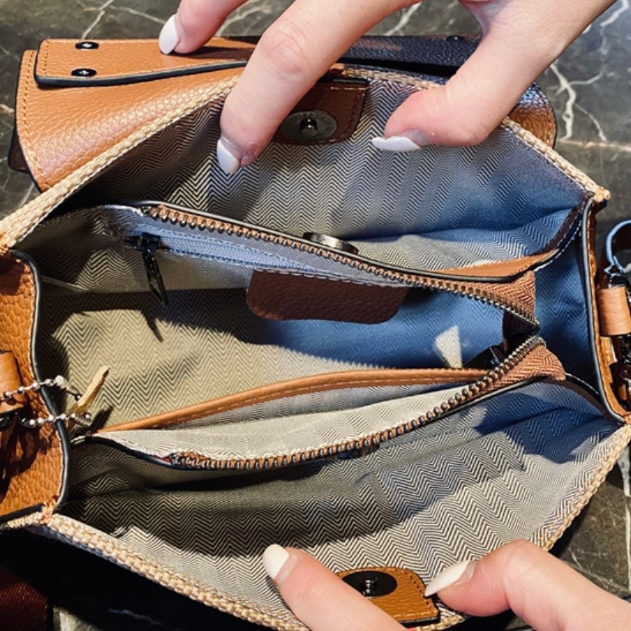 【Crescent Handbag】Checkered Leather Flap Handle Crossbody Bag-,buy 1 get 1 pony and 1 headband
