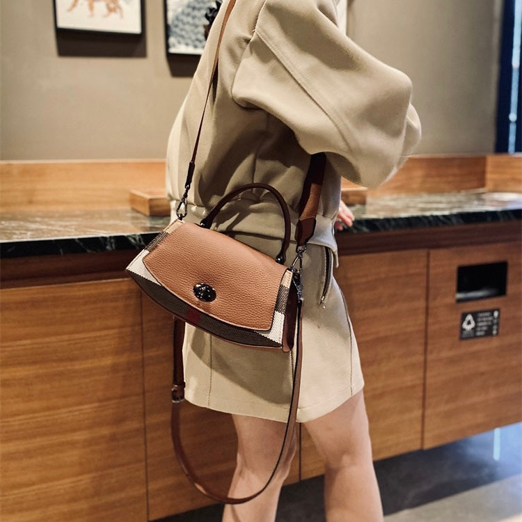【Crescent Handbag】Checkered Leather Flap Handle Crossbody Bag-,buy 1 get 1 pony and 1 headband
