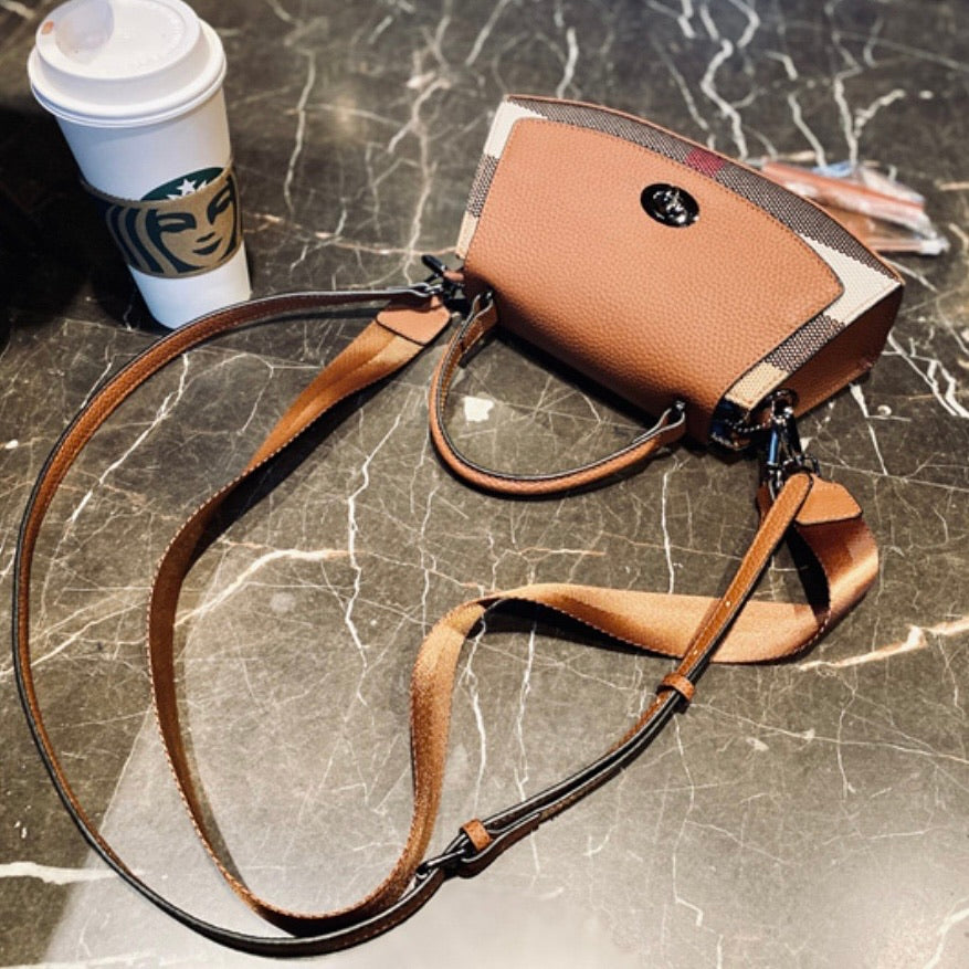 【Crescent Handbag】Checkered Leather Flap Handle Crossbody Bag-,buy 1 get 1 pony and 1 headband