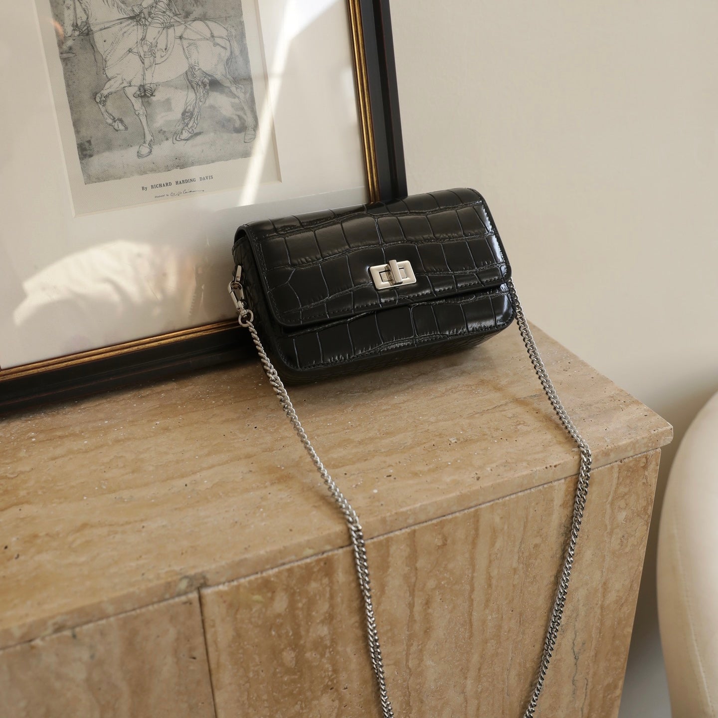 【Rectangular bag】1691 Cowhide Leather the Crocodile Grain Flap Crossbody Chain Bag Buy 1 Get 1 Pony and 1 Coin Purse