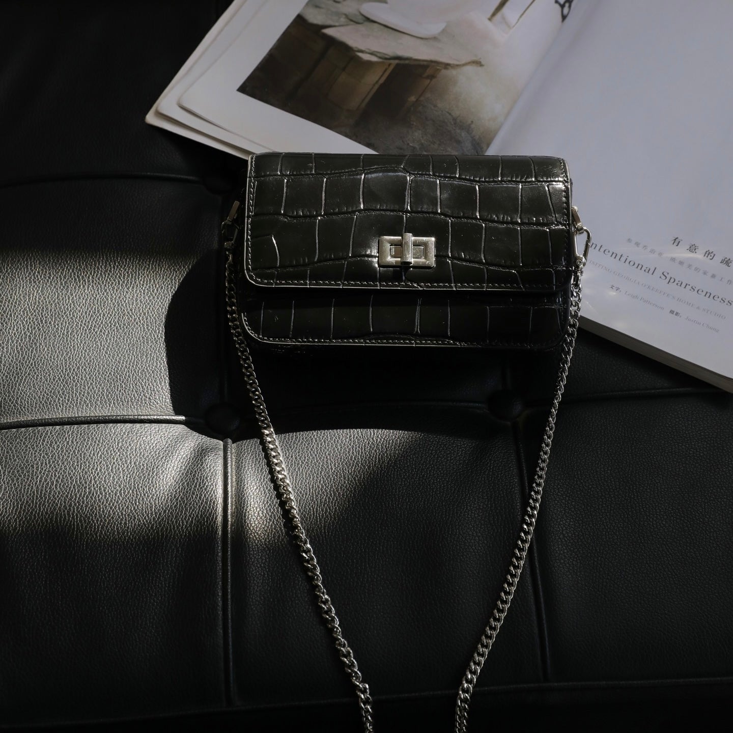 【Rectangular bag】1691 Cowhide Leather the Crocodile Grain Flap Crossbody Chain Bag Buy 1 Get 1 Pony and 1 Coin Purse