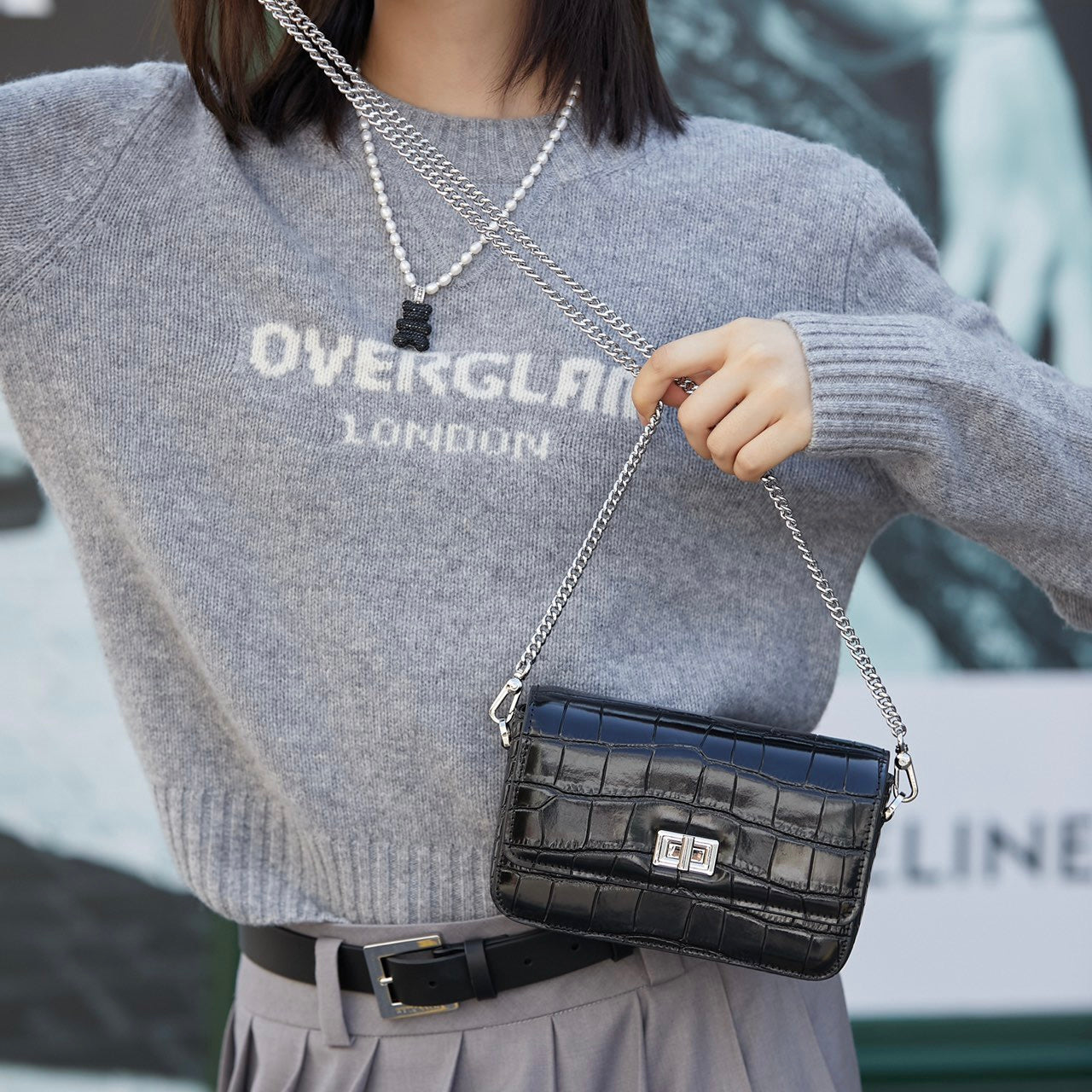 【Rectangular bag】1691 Cowhide Leather the Crocodile Grain Flap Crossbody Chain Bag Buy 1 Get 1 Pony and 1 Coin Purse