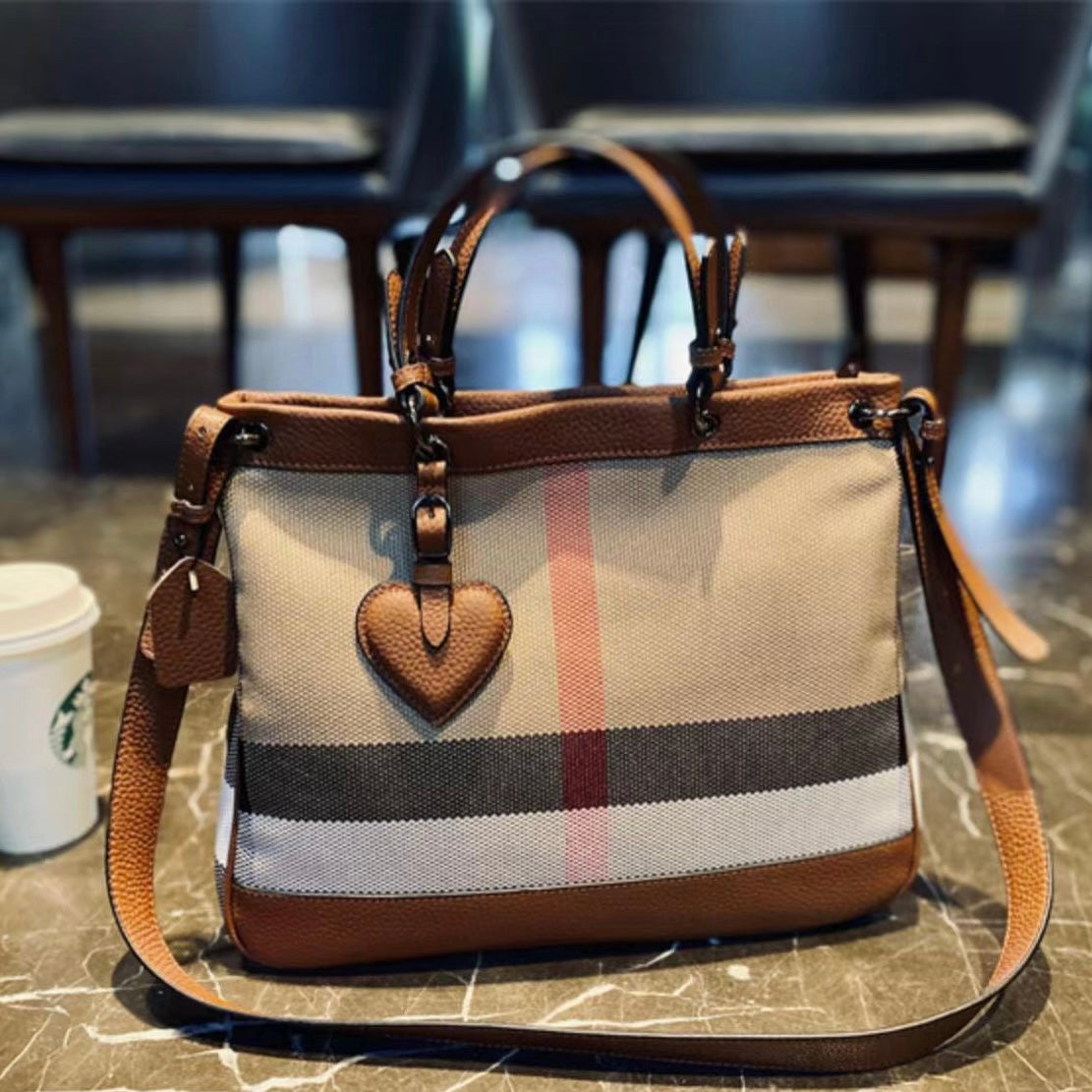 【Heart Tag】Cowhide Leather Bag Zipper Checkered Handbag，buy 1 get 1 pony and 1 coins purse