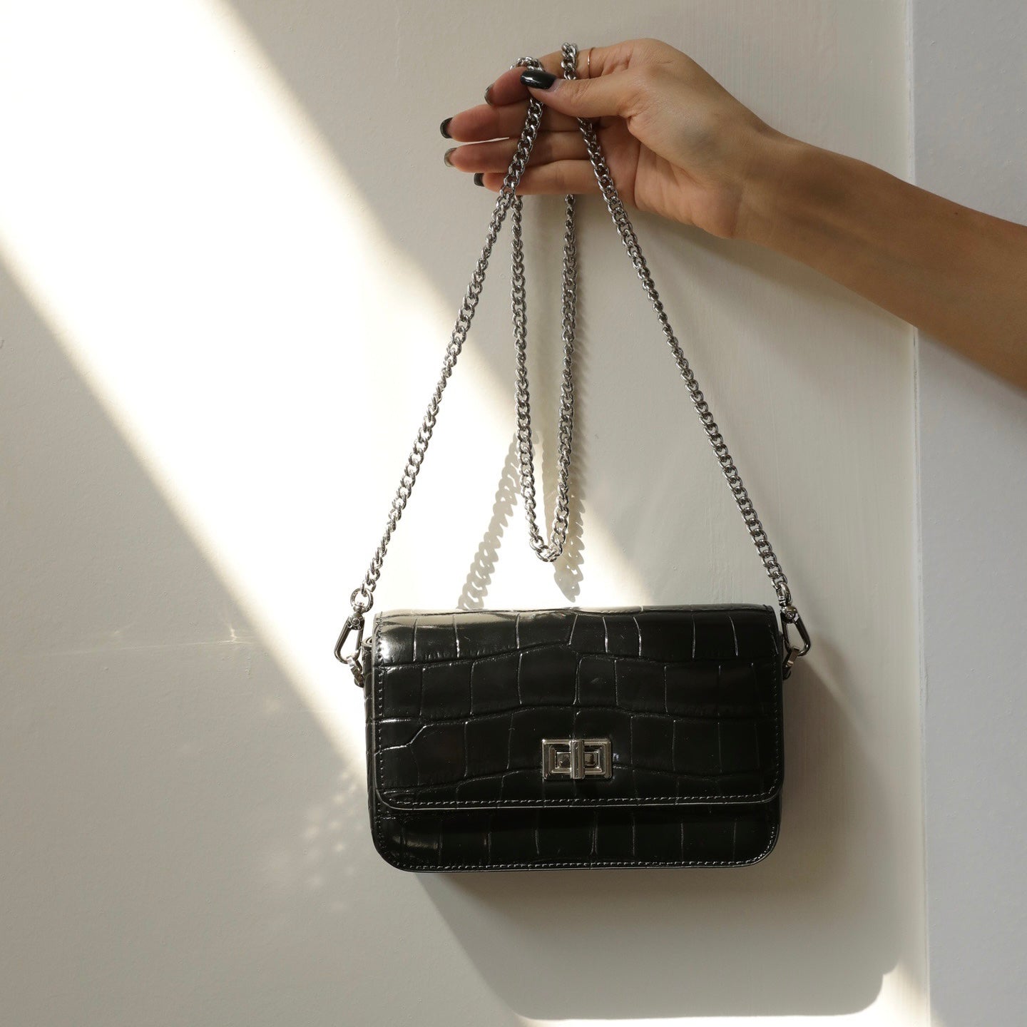 【Rectangular bag】1691 Cowhide Leather the Crocodile Grain Flap Crossbody Chain Bag Buy 1 Get 1 Pony and 1 Coin Purse