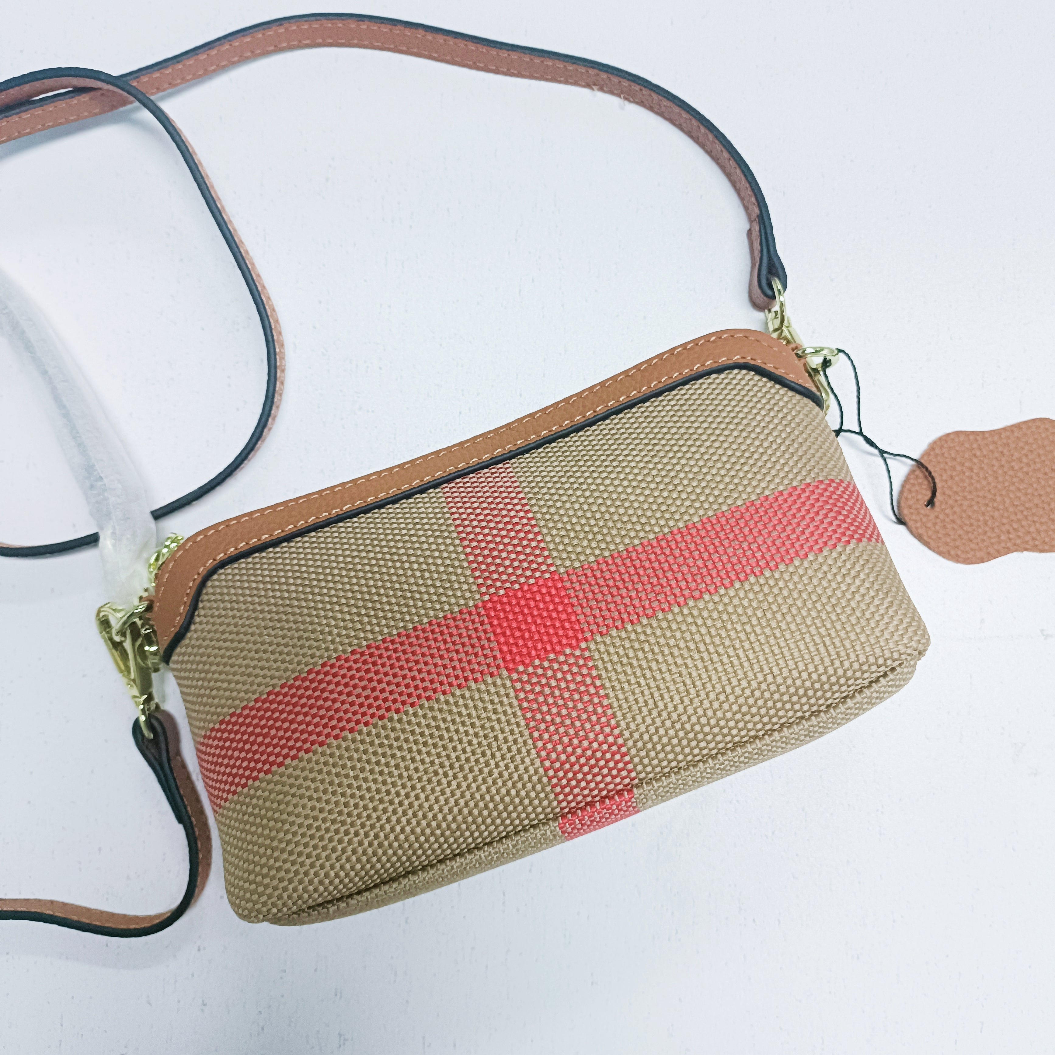 【Checkered Bag】Checkered Cowhide Leather Cellphone Bag-NO Freebie