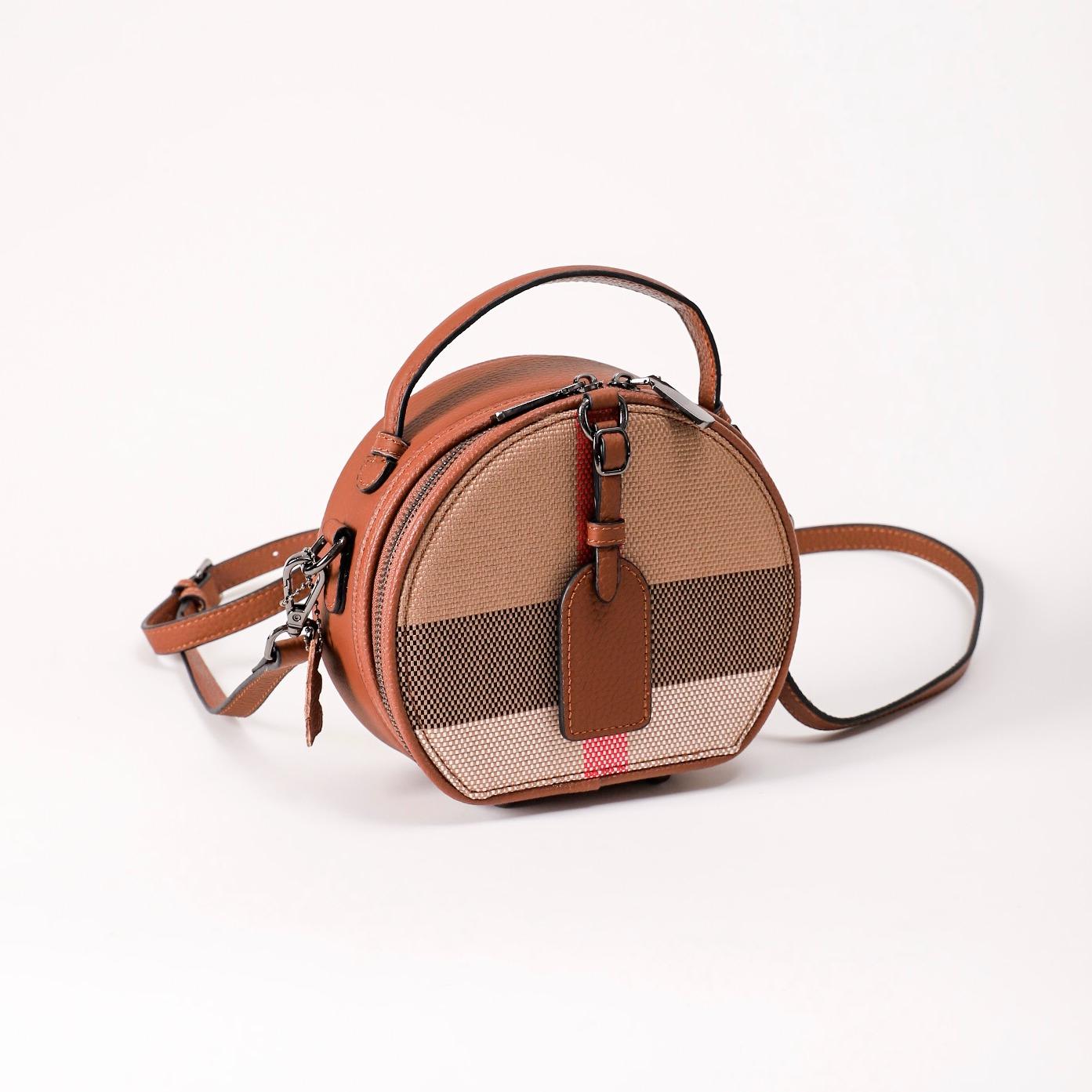 【Round Box】--Checkered  Handle Crossbody Bag  L 7.09" , W 3.55" , H 6.3"--，buy 1 get 1 pony and 1 headband