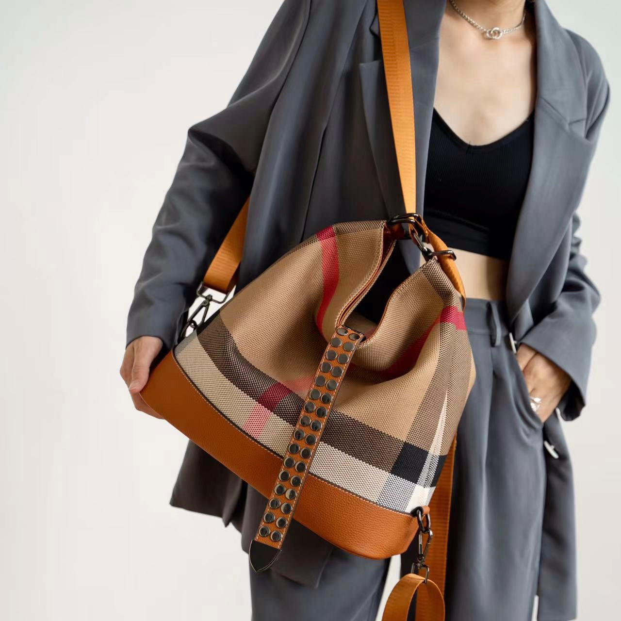 【Infinite Bag】Checkered Cowhide Leather Tote Shoulder Backpack-，buy 1 get 1 pony and 1 headband