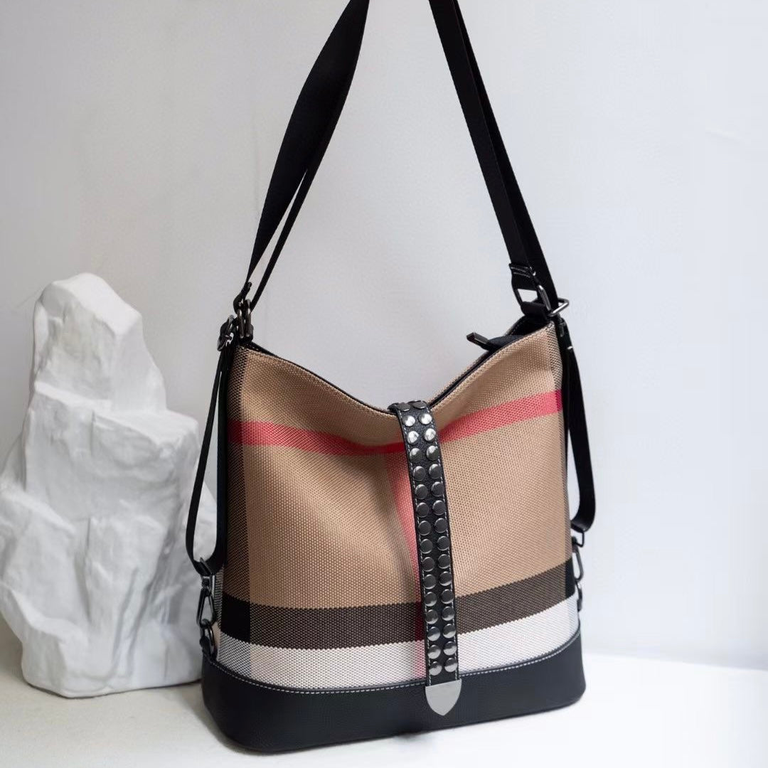 【Infinite Bag】Checkered Cowhide Leather Tote Shoulder Backpack-，buy 1 get 1 pony and 1 headband