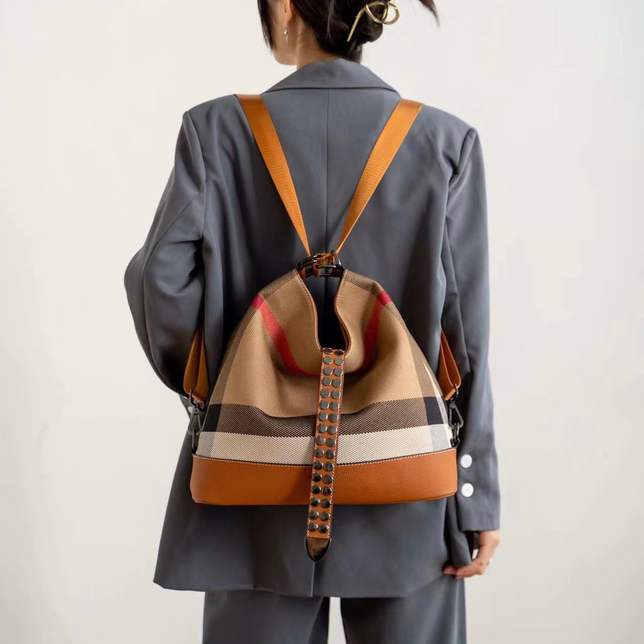 【Infinite Bag】Checkered Cowhide Leather Tote Shoulder Backpack-，buy 1 get 1 pony and 1 headband