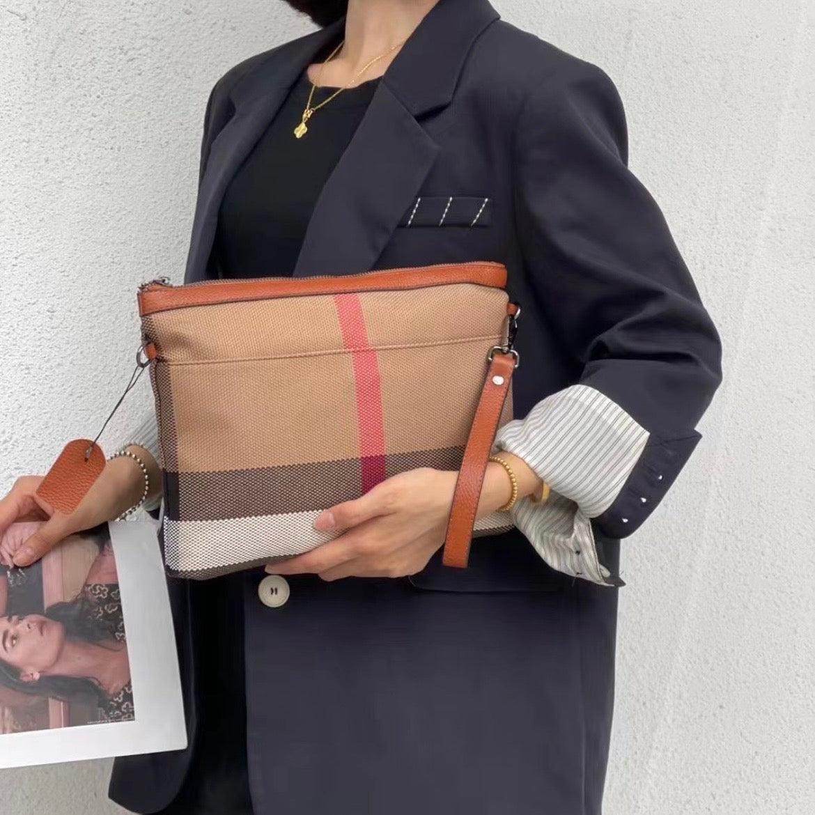 【Portfolio Bag】Checkered Leather Pouch Crossbody  Bag-buy 1 get 1 pony and 1 coins purse